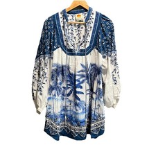 Farm Rio Blue White Floral Graphic Long Sleeve Women's Boho Dress Size Medium