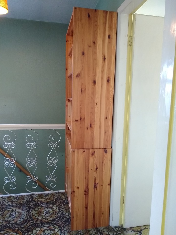 Pine IKEA bookcase with cupboards, matching flatpack drawers also