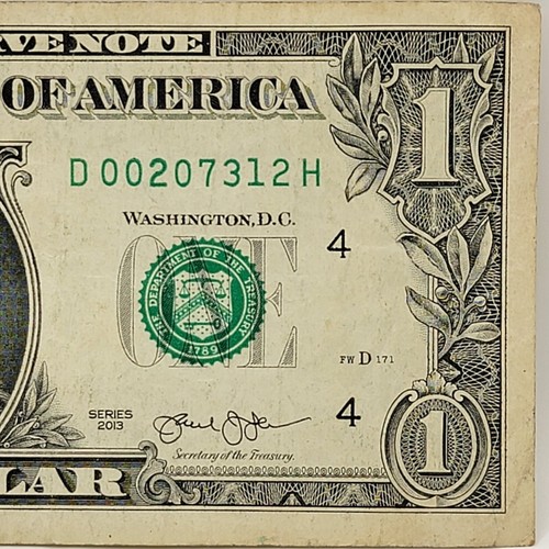 Short Run DH Block Fancy Serial Number One Dollar D00207312H FW 2013 6.4mm Run