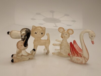Vintage Menge 4 klare Plexiglas Hartplastik Figuren Hund Maus Katze & Schwan 
