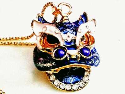 RHINESTONE  DRAGON NECKLACE! Sparkling Zodiac Pendant! Bright Enamel! Luck/Power