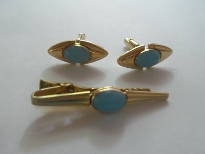 Vintage Tie clip and cuff link set with aqua colored cabochons!