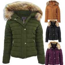 Ladies Detachable Fur Lined Hood Padded Puffer Jacket Zipper Popper Quilted Coat