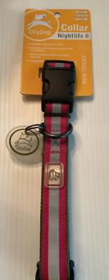 OllyDog DOG COLLAR Nightlife II MEDIUM 14 -22  Reflective PINK & OLIVE Nylon NWT