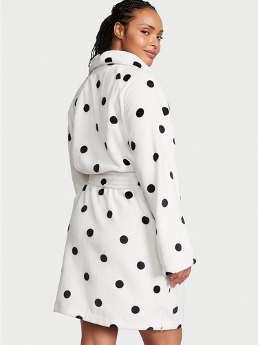 VICTORIA'S SECRET COZY SHORT PLUSH BATH ROBE LOGO POLKA DOT SIZE M/L NWT