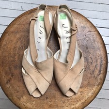 VTG Jazz Spain Slingback Kitten Heel Open Toe Shoe Beige Leather 8N