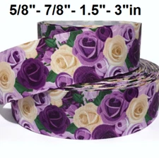 GROSGRAIN RIBBON 5/8", 7/8", 1.5", 3"  Flowers Roses Purple Mother's Day Printed