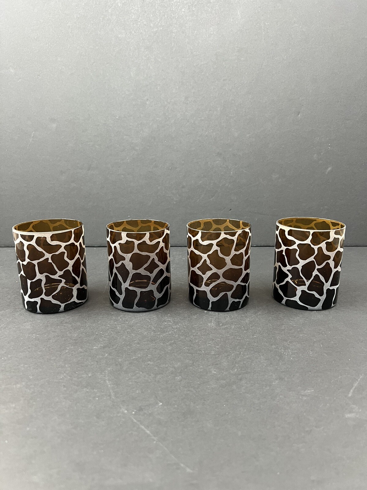Pier 1 Etched Giraffe Print Amber Cocktail Glasses Set of 4