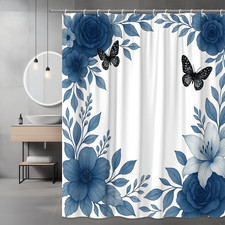 Blue Floral Shower Curtain with Butterflies - Elegant Waterproof Design