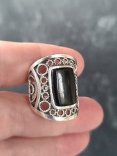925 Sterling Silver Black Enamel Statement Ring Size US 8.25 Vintage