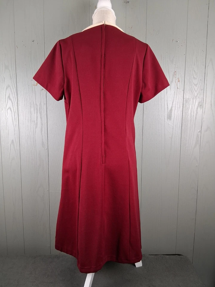 Vintage 60s Polyester Red Dress Below Knee Embroidered MOD Short Sleeve Party - Image 3 of 4