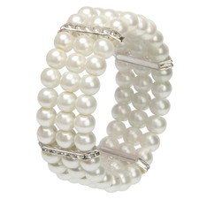 Ladies 3 Rows Faux Pearls Accent Off White Stretch Wrist Bracelet Jewelry