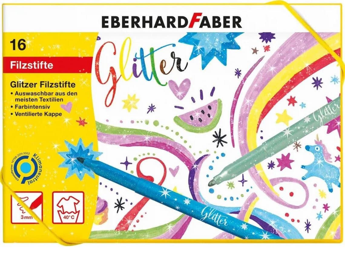 Eberhard Faber 551016 Glitter Felt Tip Pens in 16 Bright Colours, Lead Thickness