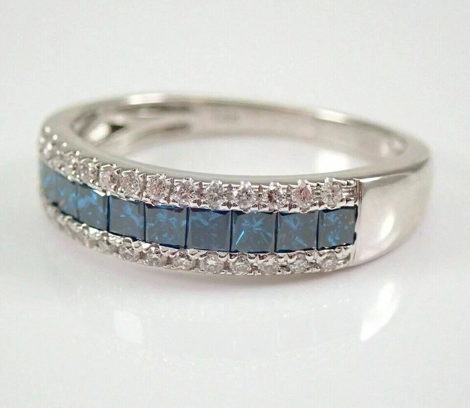 Anillo de boda aniversario diamante LBT corte princesa azul acabado oro blanco 14K 3 quilates Foto 4 de 4