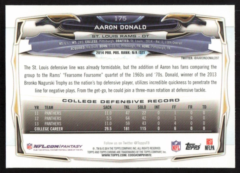 2014 Topps Chrome Xfractors Rookie #175 Aaron Donald St. Louis Rams - Image 2 of 2