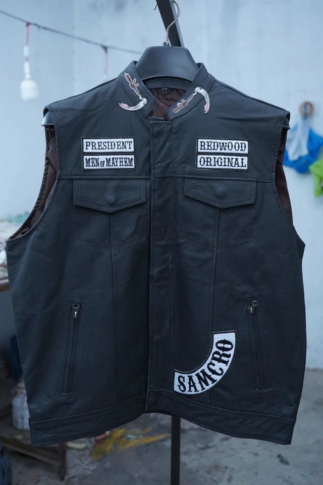 Sons of Anarchy SAMCRO Leather Vest Men’s Biker Club Waistcoat President Redwood - Image 4 of 4