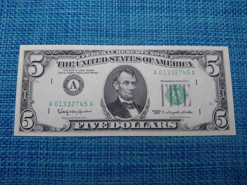 🇺🇸 US 5 Dollars Federal Reserve 1963  UNC BOSTON  FR-1967-A banknotes 071426-8
