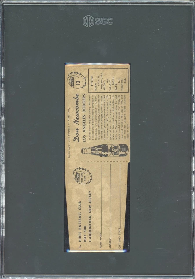 1958 Hires Root Beer #13 Don Newcombe with tab SGC 3 *3659 - Image 2 of 2