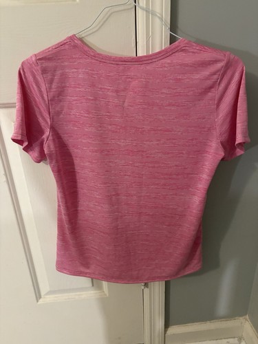 NIKE Women’s T-Shirt Pink White Striped SS Athletic Cut Dri Fit V-Neck Med. EUC - Picture 2 of 4