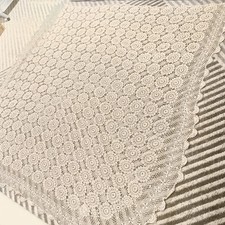 Vintage Crochet Bedspread Coverlet 73x73" Ivory Floral 3D Camelia Granny Cottage