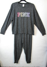 Victoria's Secret Pink Ombre Rainbow Cozy Sleep Shirt  Joggers Set Gray Size L