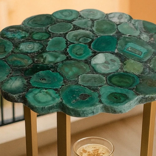 Round Green Agate Stone Dining Table | Natural Crystal Slice Top | coffee Table - Image 2 of 4