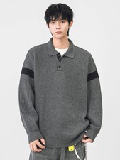Autumn Winter Polo-Style Colour-Block Knit Sweater Men Effortlessly Stylish Rela