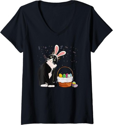 Easter Day Cat Bunny Ears Eggs Easter Rabbit Ladies' V-Neck Tshirt