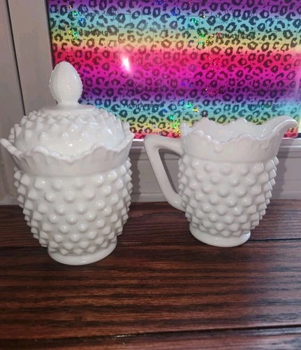 Vintage Fenton Hob Nail Creamer & Sugar Milk Glass Scalloped Drip Edge Wow