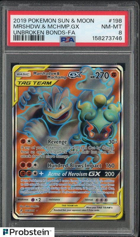 2019 Pokemon Sun & Moon Unbroken Bonds #198 Marshadow & Machamp GX PSA 8