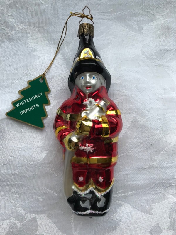 VINTAGE WHITEHURST IMPORTS Volunteer Fireman GLASS Ornament 6” MADE IN GERMANY