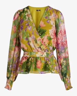 Express Floral V-Neck Smocked Cuff Peplum Top | Größe S | *neu* mit Etikett
