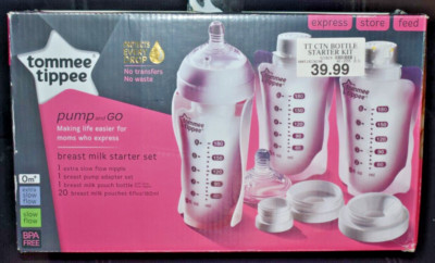 Tommee Tippee Breast Milk Starter Set Pump and Go Extra Slow Flow New open box