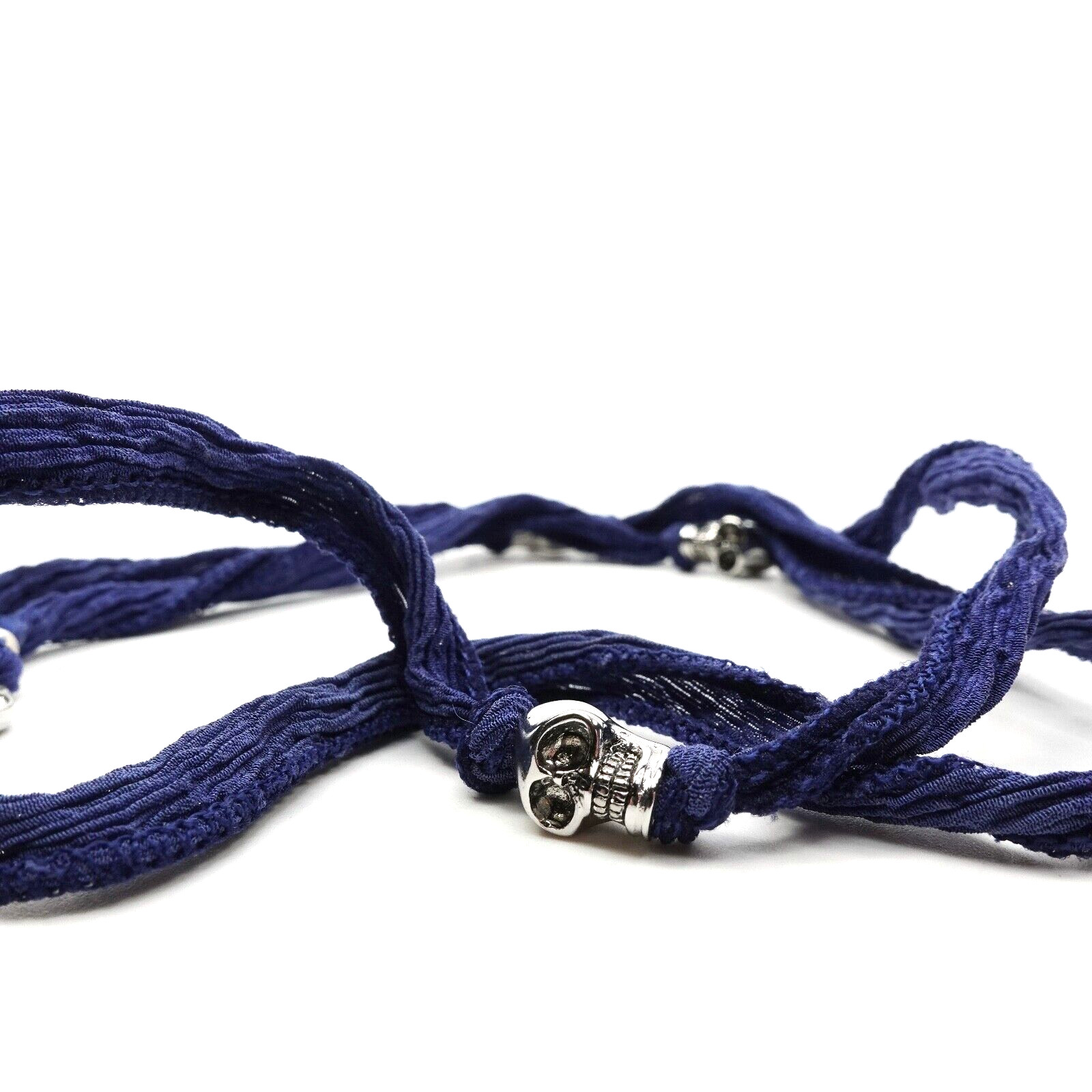 King Baby Studio Multi Wrap Blue Silk Bracelet With Skull Silver Alloy Beads