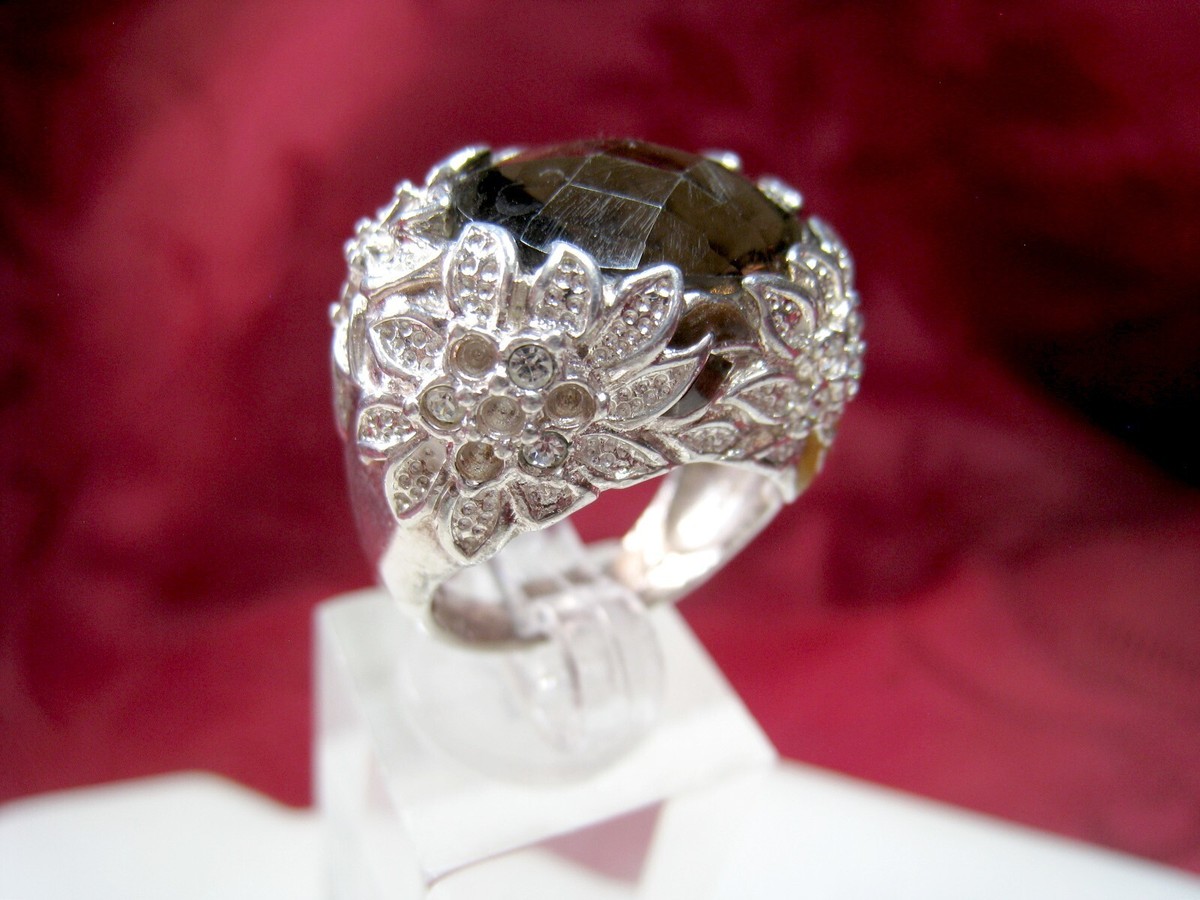 DAVID SIGAL 925 STERLING SILVER FLORAL ENAMEL SMOKEY QUARTZ RING