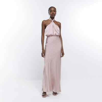 river island bridesmaid dresses Womens Halter Maxi Dress Pink Gathered Waist Size 16 Featuring a square neck