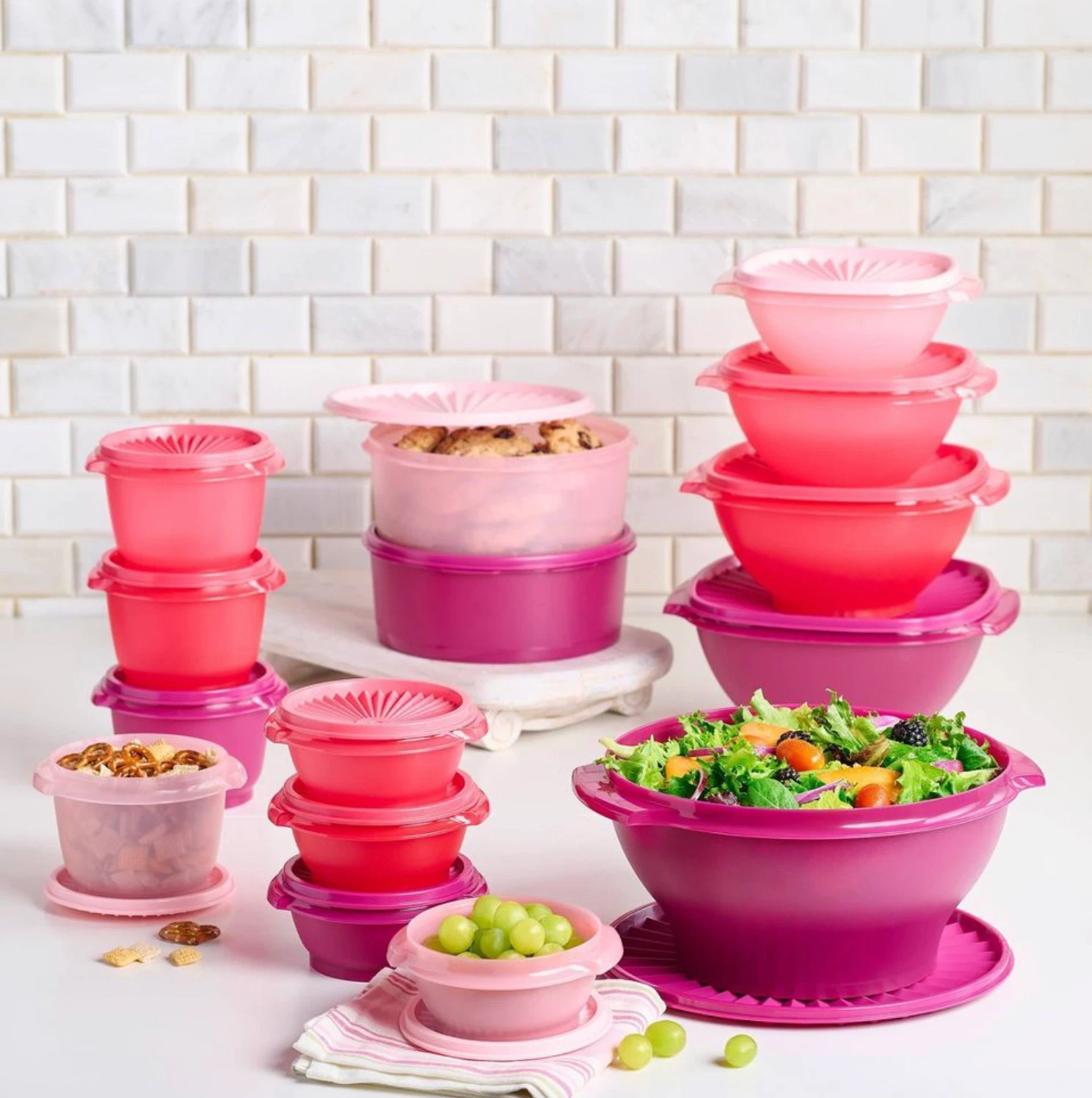 Tupperware Servalier Bowls 30 pc Set Bowls Canisters Seals Pink + Free Peelers