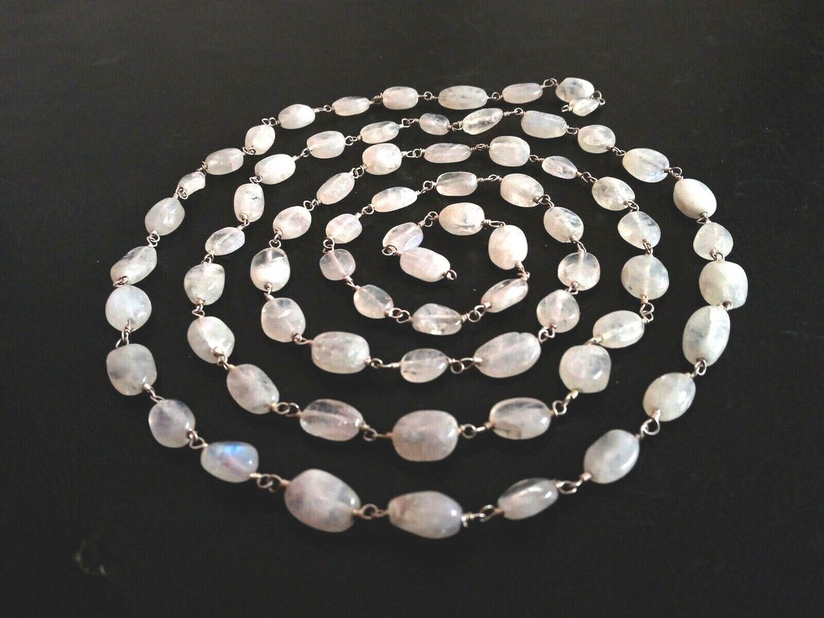 RAINBOW MOONSTONE OVAL SMOOTH 5X7-6X9MM ROSARY BEADED CHAIN SILVER PLATED  FEET