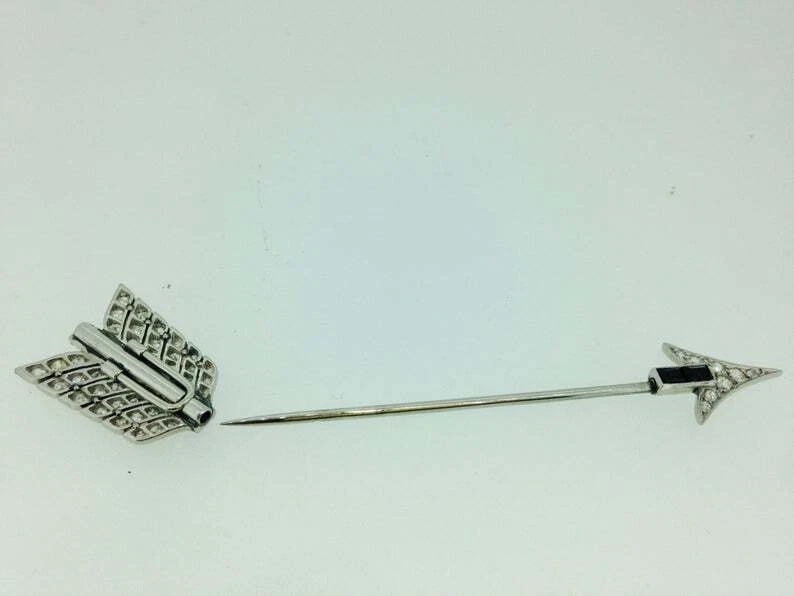 1930's Art Deco Shiny White CZ & Black Sqaure Onyx Jabot Lapel Pin In 925 Silver - Image 4 of 4