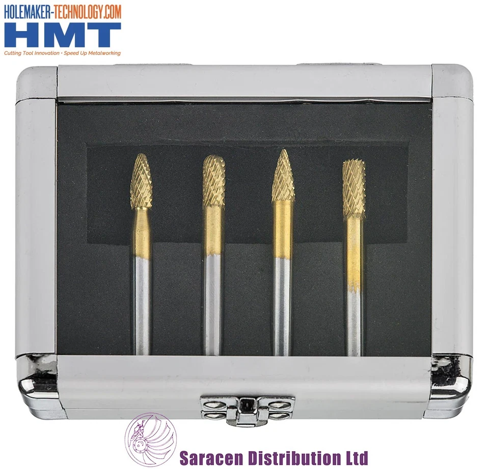 HOLEMAKER TECHNOLOGY HMT GOLDMAX TCT 4 PIECE ROTARY BURR SET, 6mm SHANK, 6mm HEAD - 4020-SET2