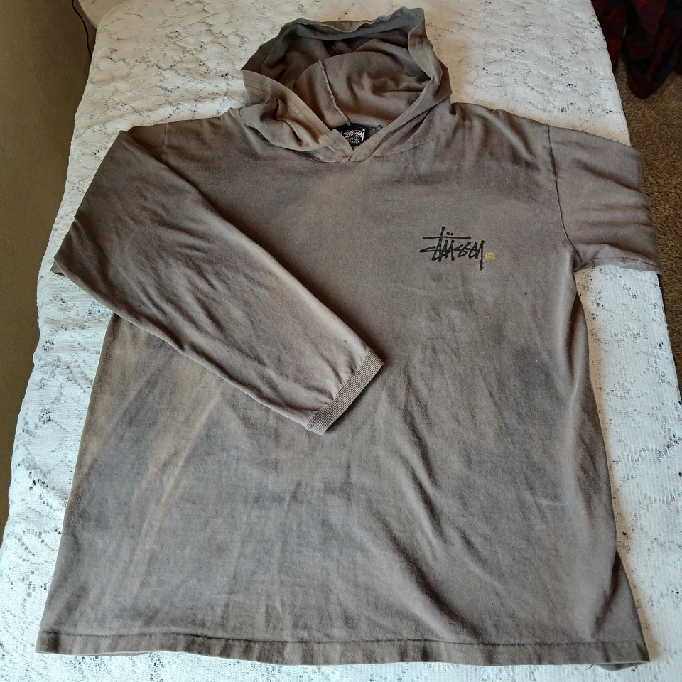 Vintage Stussy Scribble Logo Long Sleeve Hood T shirt L Single Stitch USA 90s  - Image 4 of 4