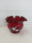 Vintage Fenton Signed Hand Painted Floral Ruby Red Glass Ruffle Bowl/Vase