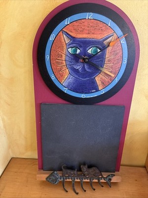 Pink Cloud Gallery Black Kitty Cat Clock Tara W/ Chalk Board & Fish Cat 5 Hooks