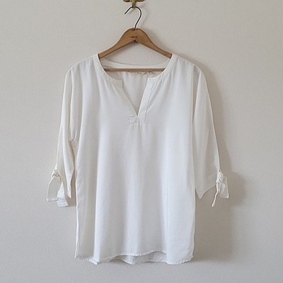 Soft Surroundings Off White Shoulder Slit Blouse with Tie Sleeves Size XS