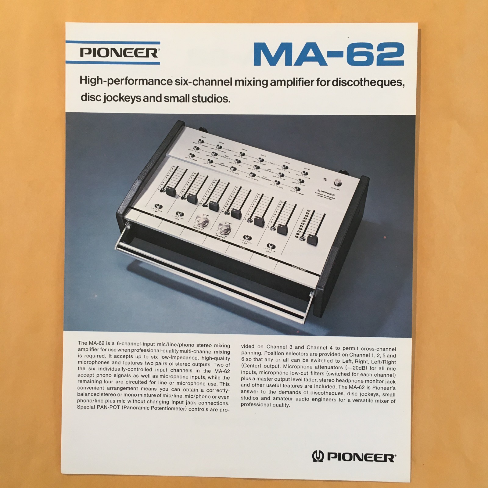 Original Pioneer MA-62 Six-Channel Mixing Amplifier Brochure - NOS!