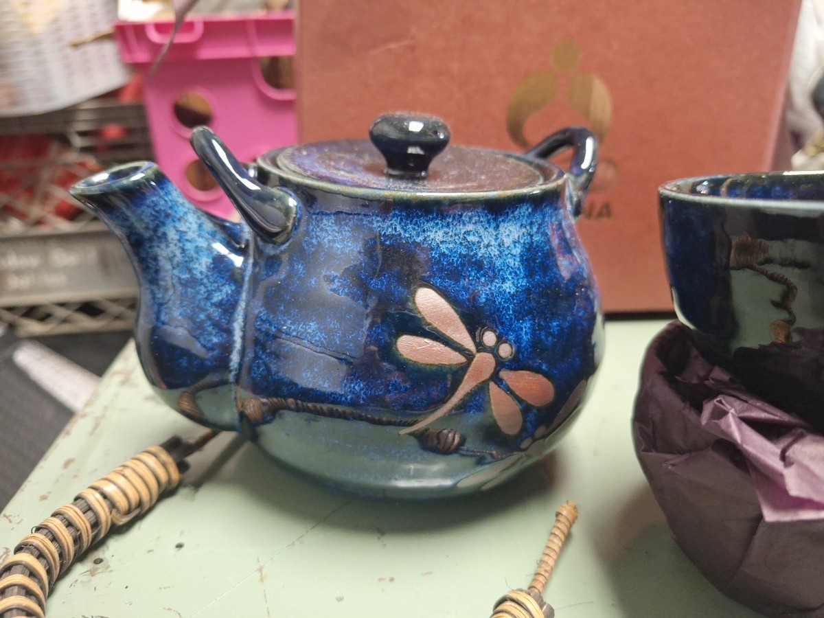 Teavana Stoneware Tea Set Blue Dragonfly Bamboo Japan Pot 4 Cups