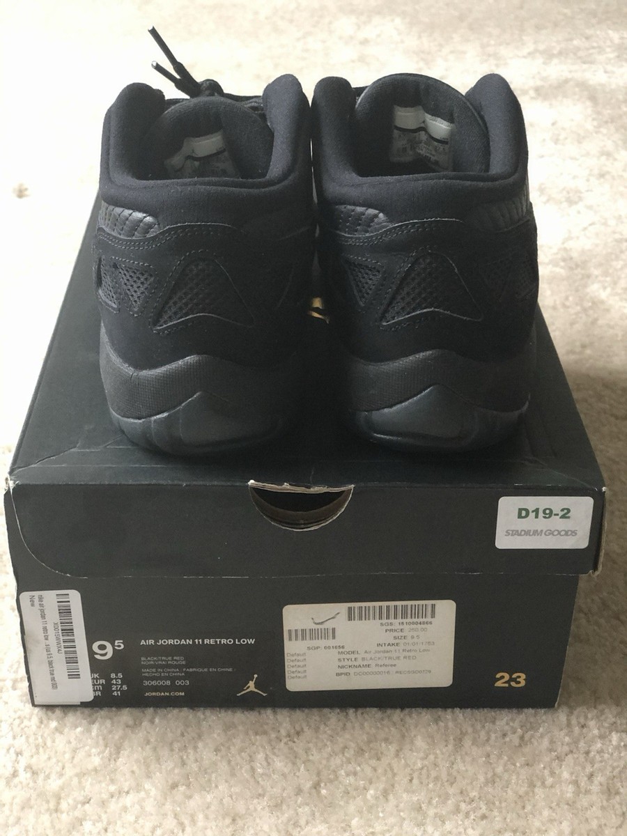 AIR JORDAN 11 XI LOW IE RETRO USED SIZE 9.5 REFEREE BLACK TRUE RED
