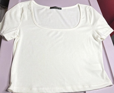 Final Touch Womens M White Solid Ribbed Knit Square Neck Short Sleeve Top