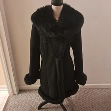 Anna Bruce Leather Suede Sparkles Fur Hood Sleeves Trim Coat Medium M Luxury