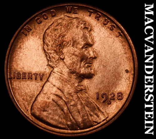 1928-D Lincoln Wheat Cent- Red- Choice Gem Brilliant Unc+++ Luster #J3655